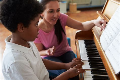Docent begeleidt leerling tijdens pianoles