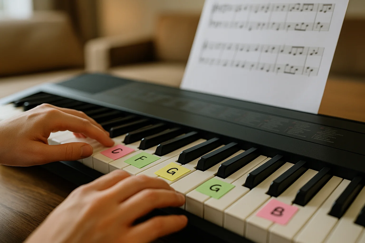 popliedjes keyboardles Hoogeveen close-up handen toetsen keyboard sticky notes